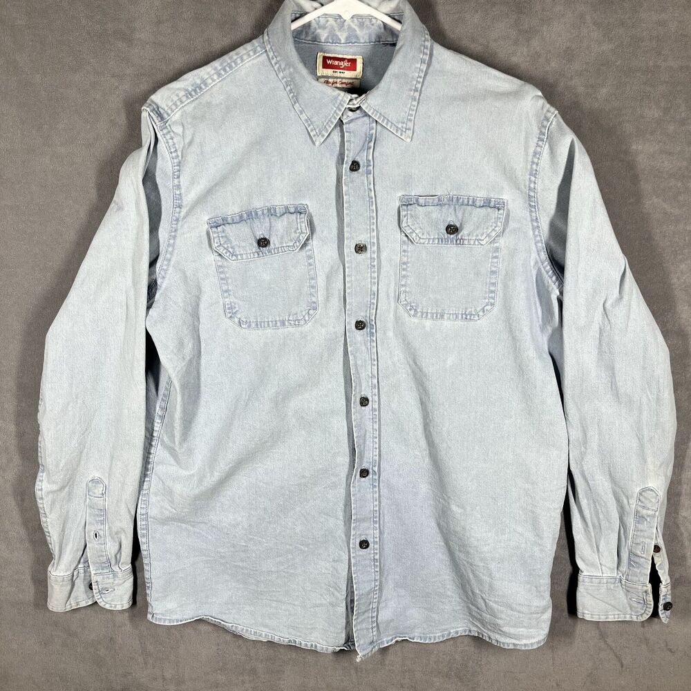 Wrangler Denim Shirt Men's Medium Blue Flex For Comfort Flap Pockets Button-Up